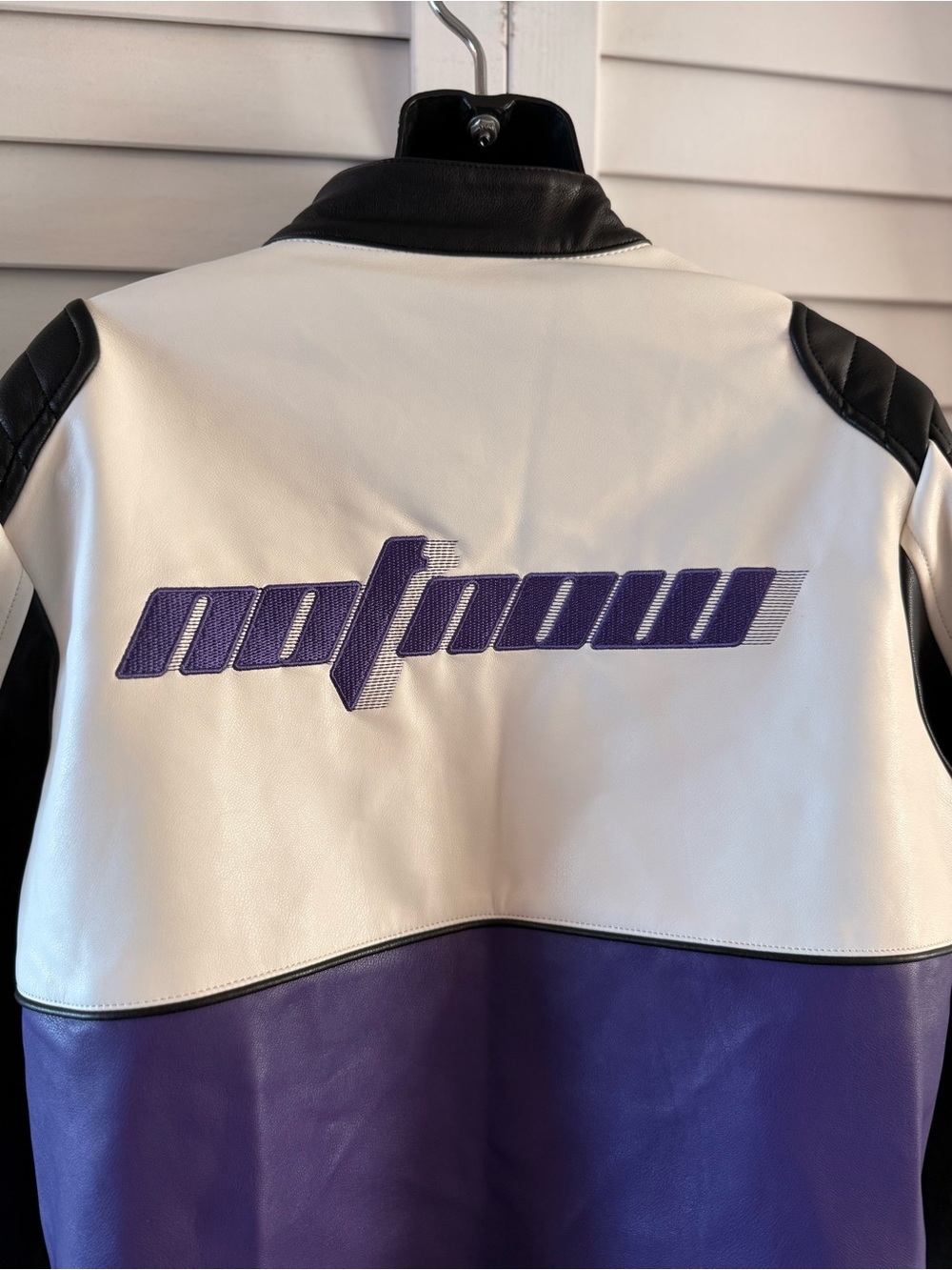 Bershka Faux Leather Racing Colour Block Moto Jacket Purple Y2K Size Medium M - Picture 10 of 17
